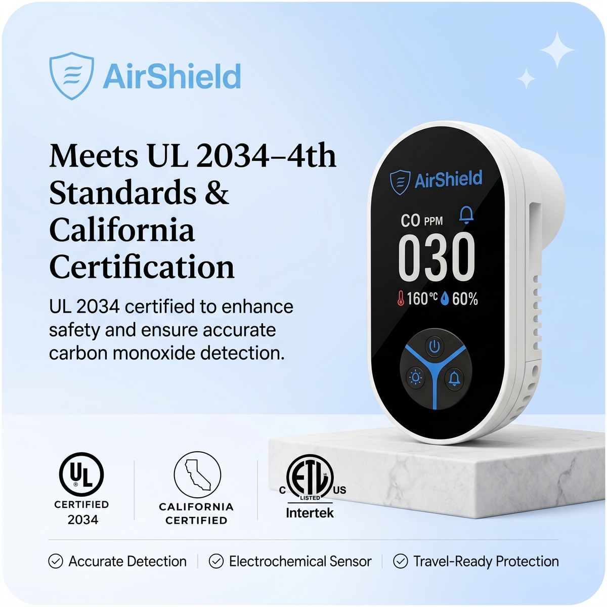 AirShield™ 3-in-1 Portable Carbon Monoxide Detector